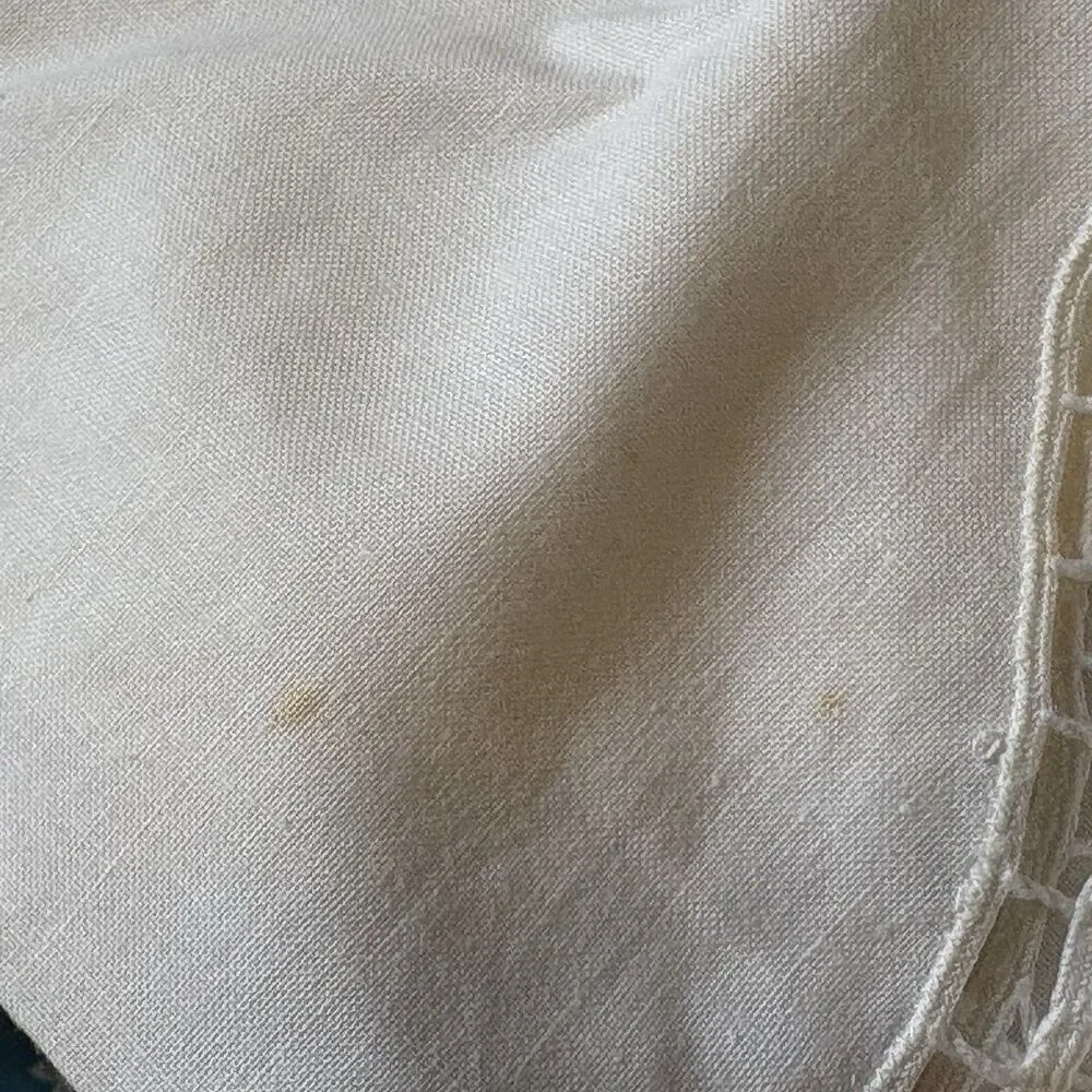 White Battenburg Lace Tablecloth From Fortunoff Round 64” Diameter New W/ Defect